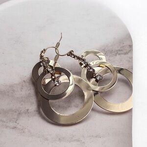 Vintage 2010 Gold Layered Circle Drop Earrings Rhinestone Dangle Statement 2”